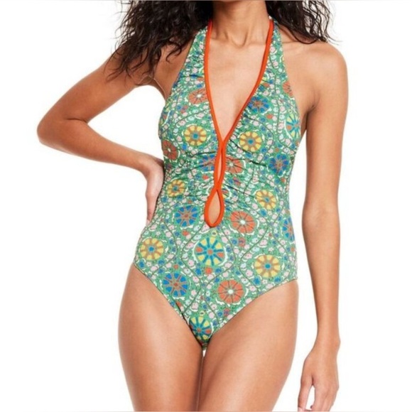 Target Rhode Halter Bathing Suit S 4-6 Green Bohemian Floral High Leg Cheeky - Picture 1 of 6